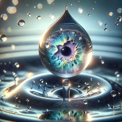 The primary subject of the image is a large, colorful, and unusual eye floating in a pool of water. The eye is surrounded by a blue and green liquid, giving it a vibrant and lively appearance. The setting is a dark, watery environment, which adds to the mysterious and intriguing nature of the scene. The visual style of the image is a combination of photo and digital art, creating a unique and captivating image. The colors and mood of the image are predominantly blue and green,